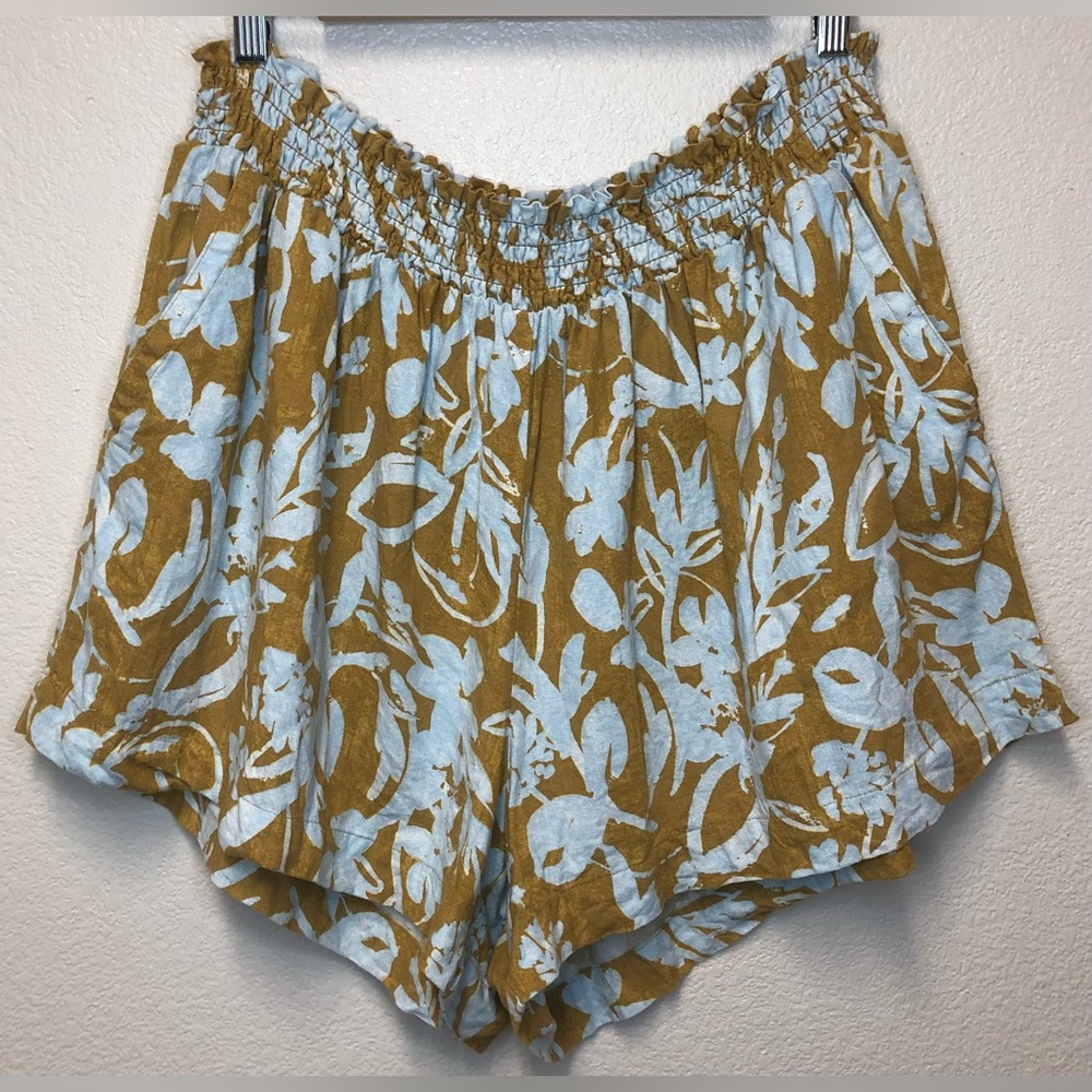 AVA & VIV shorts floral linen blend pull on style mustard blue